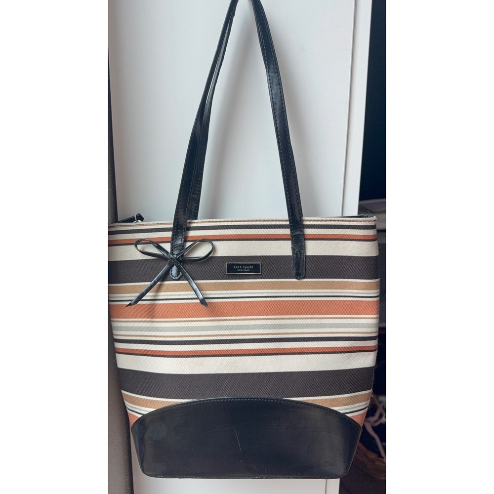 Kate Spade New York Striped Canvas Tote Bag Black Patent Leather Bow